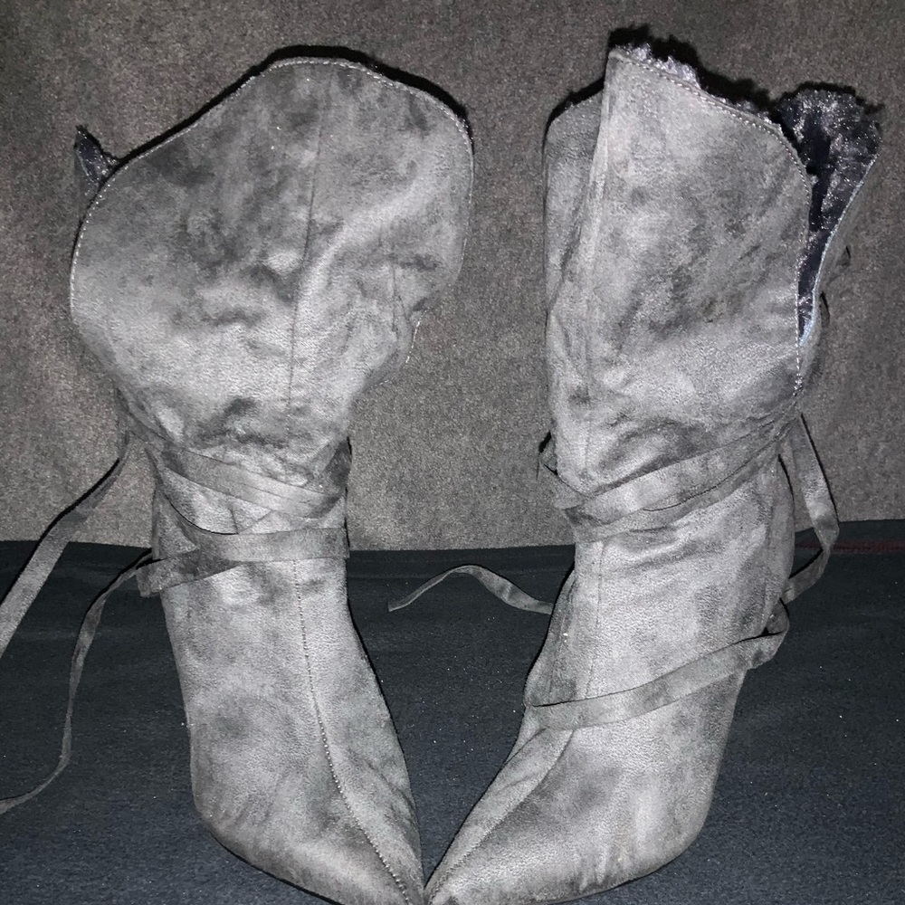 Brand new grey suede ankle high tie up boots
